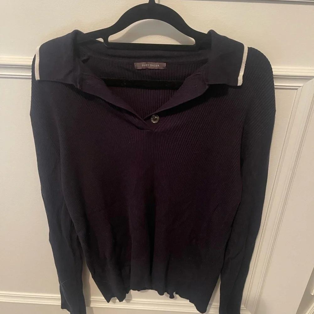 Blue with white trim ribbed long sleeve sweater - Picture 1 of 3